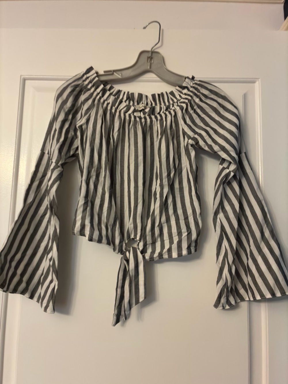Striped Off-Shoulder Tie-Front Crop Top - Black & White